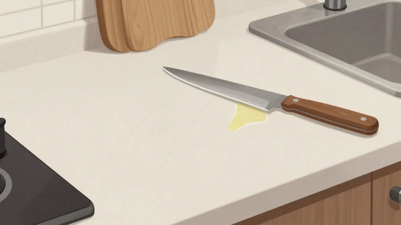 Těsný pohled na odolnou keramickou desku s odolností proti řezání a teplotám.