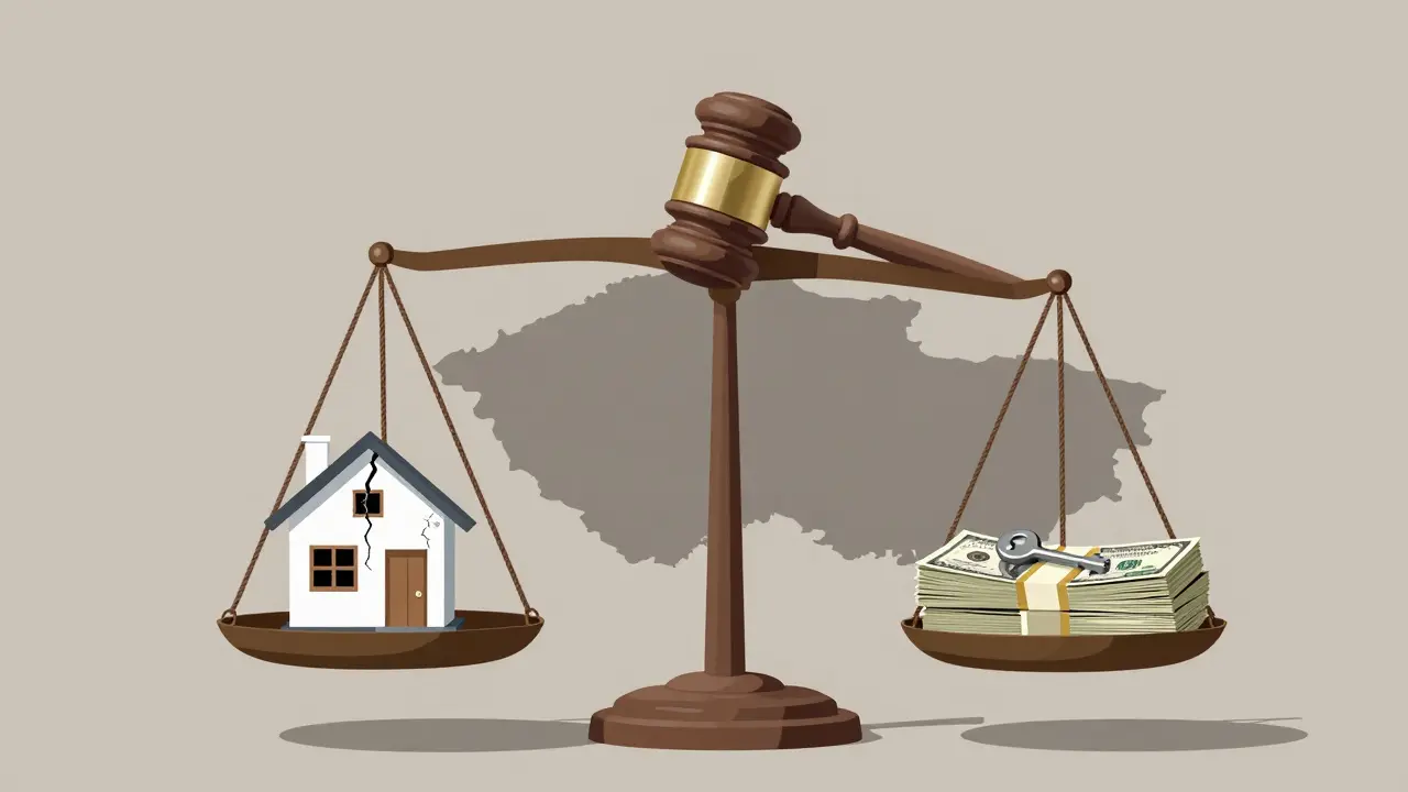 Váha: poškozený dům vs. peníze a klíč, s kladkou jako znakem právní spravedlnosti.