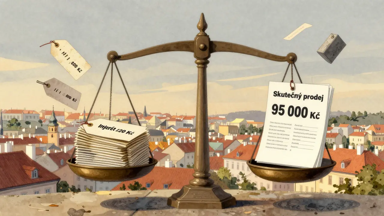 Váha s nabídkovými cenami na jedné straně a skutečným prodejem na druhé, symbolizující tržní realitu.