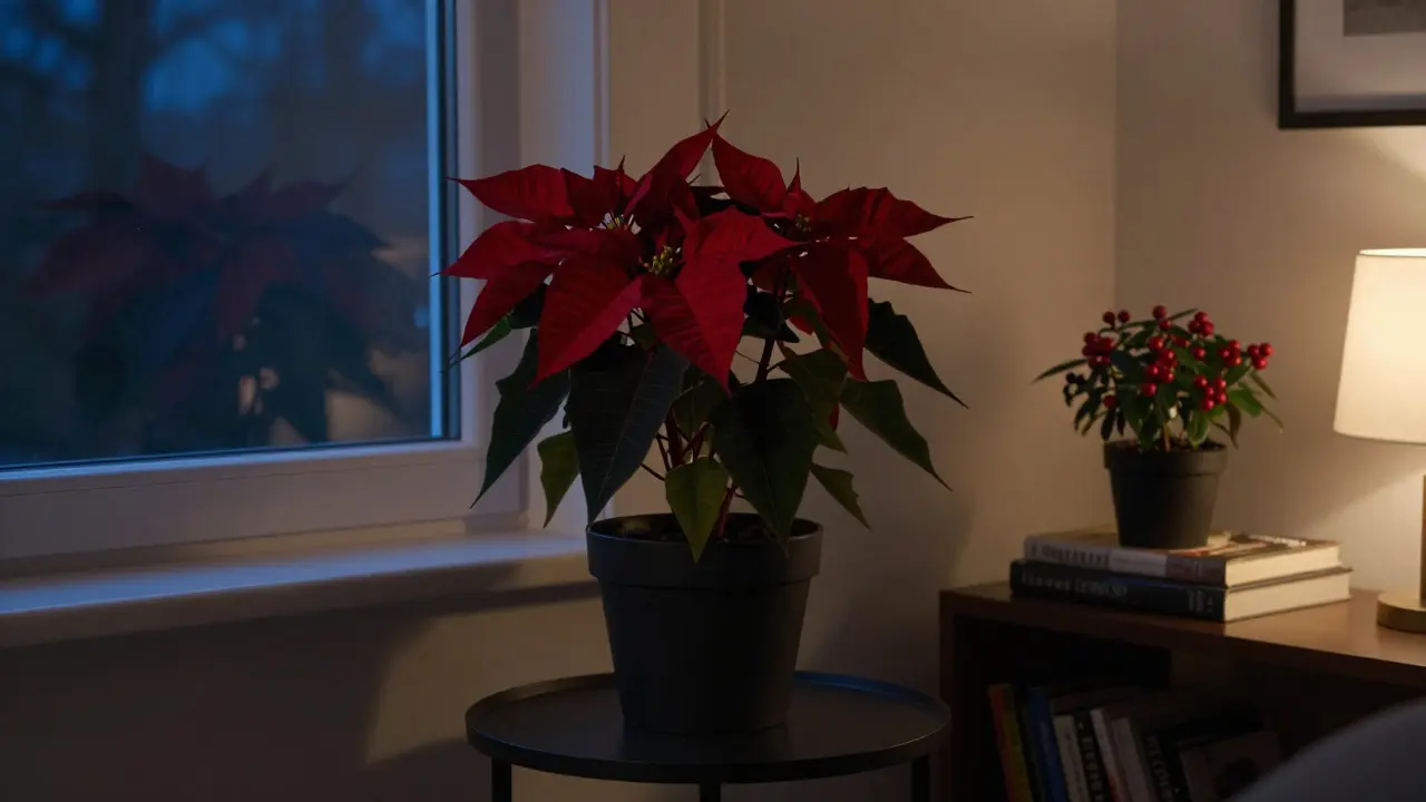 Vánoční hvězdička a borůvky v tmavé zimní místnosti s jemným osvětlením.