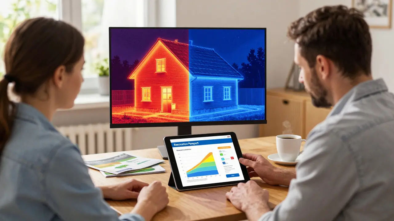 Vlastník domu spolu s energetickým poradcem prohlíží renovační pas na tabletu.