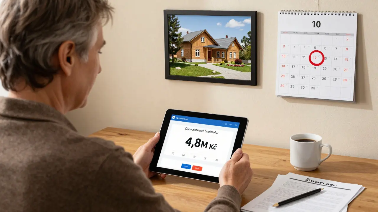 Vlastník nemovitosti kontroluje hodnotu domu pomocí online kalkulačky.