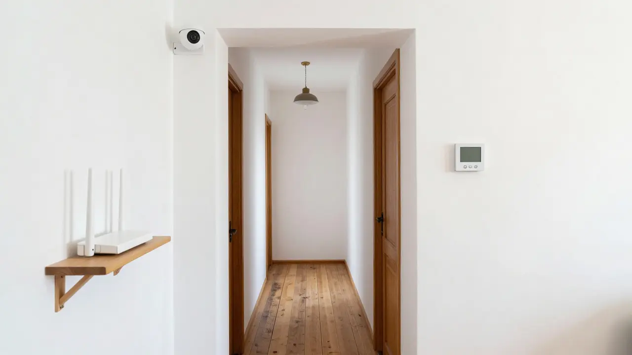Vstup do chytrého bytu s bezpečnostní kamerou, chytrým termostatem a původními dřevěnými podlahami.