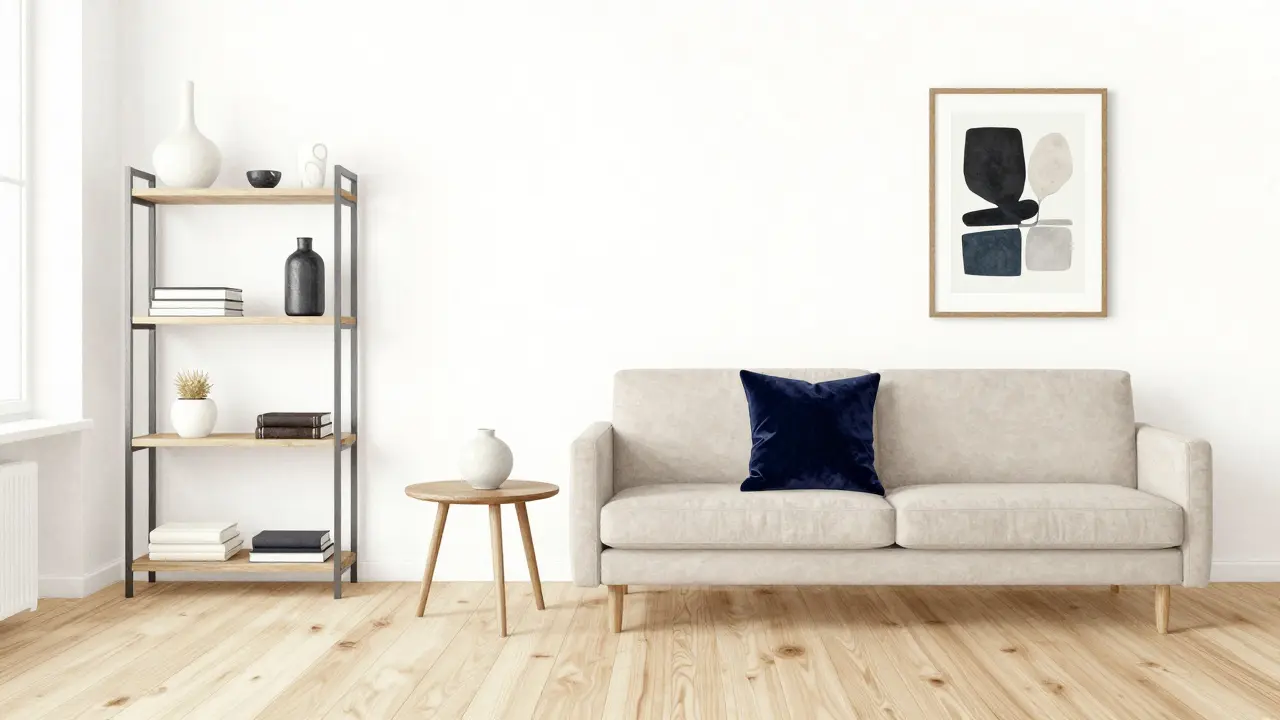 Vyrovnáná interiérová kompozice podle pravidla 60-30-10: bílé stěny, neutrální nábytek a modrý akcentní polštář.