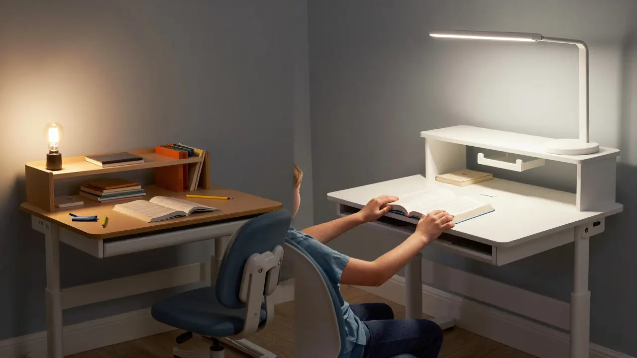 Before-and-after comparison of a child's desk versus an ergonomic teen workspace, showing improved organization and lighting.