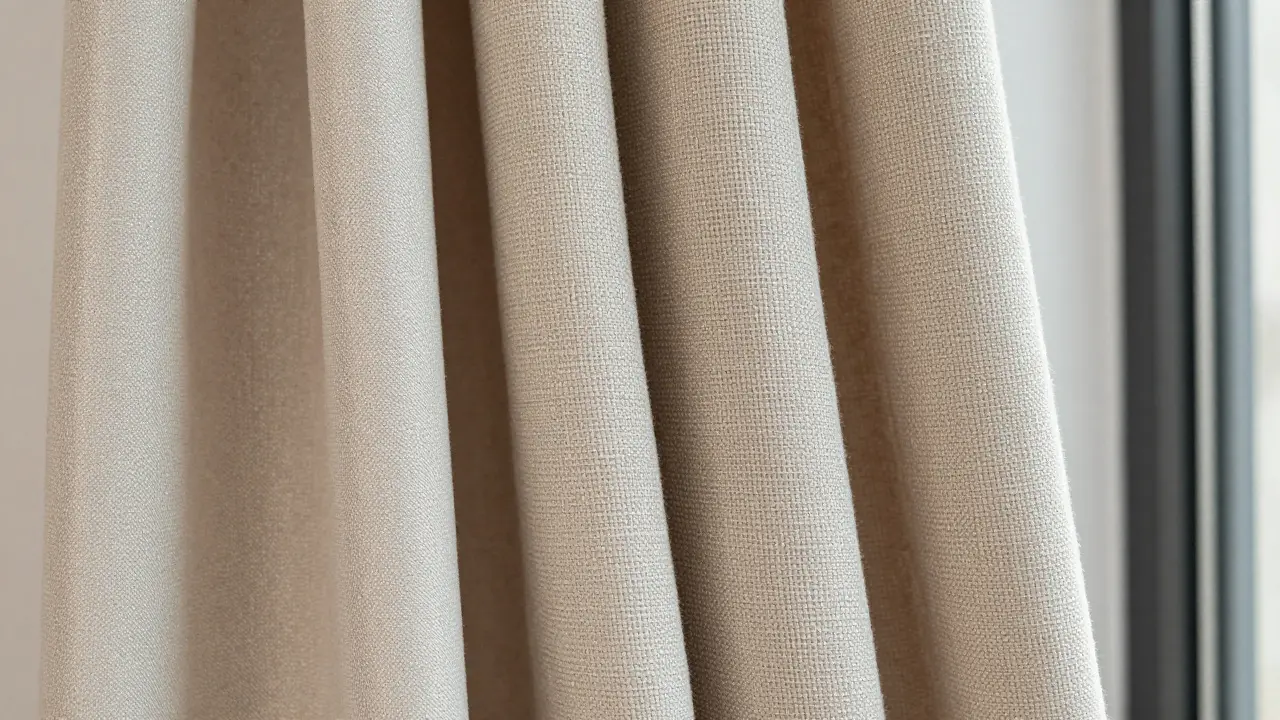 Detail tří materiálů průhledných závěsů na okně.