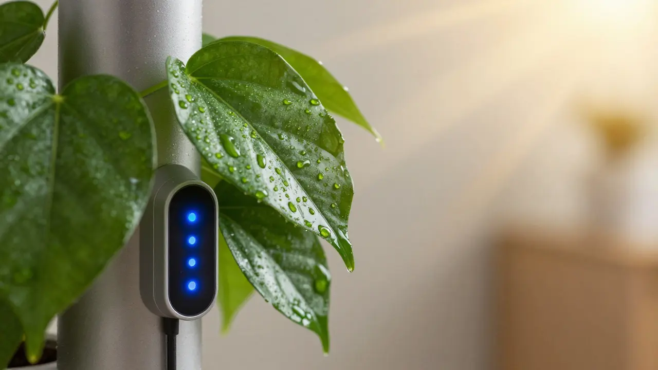 Detail vertikálního systému Flora Panel 3.0 s kapkami vody, zářivými senzory a lesklými listy rostlin v jemném slunečním světle.