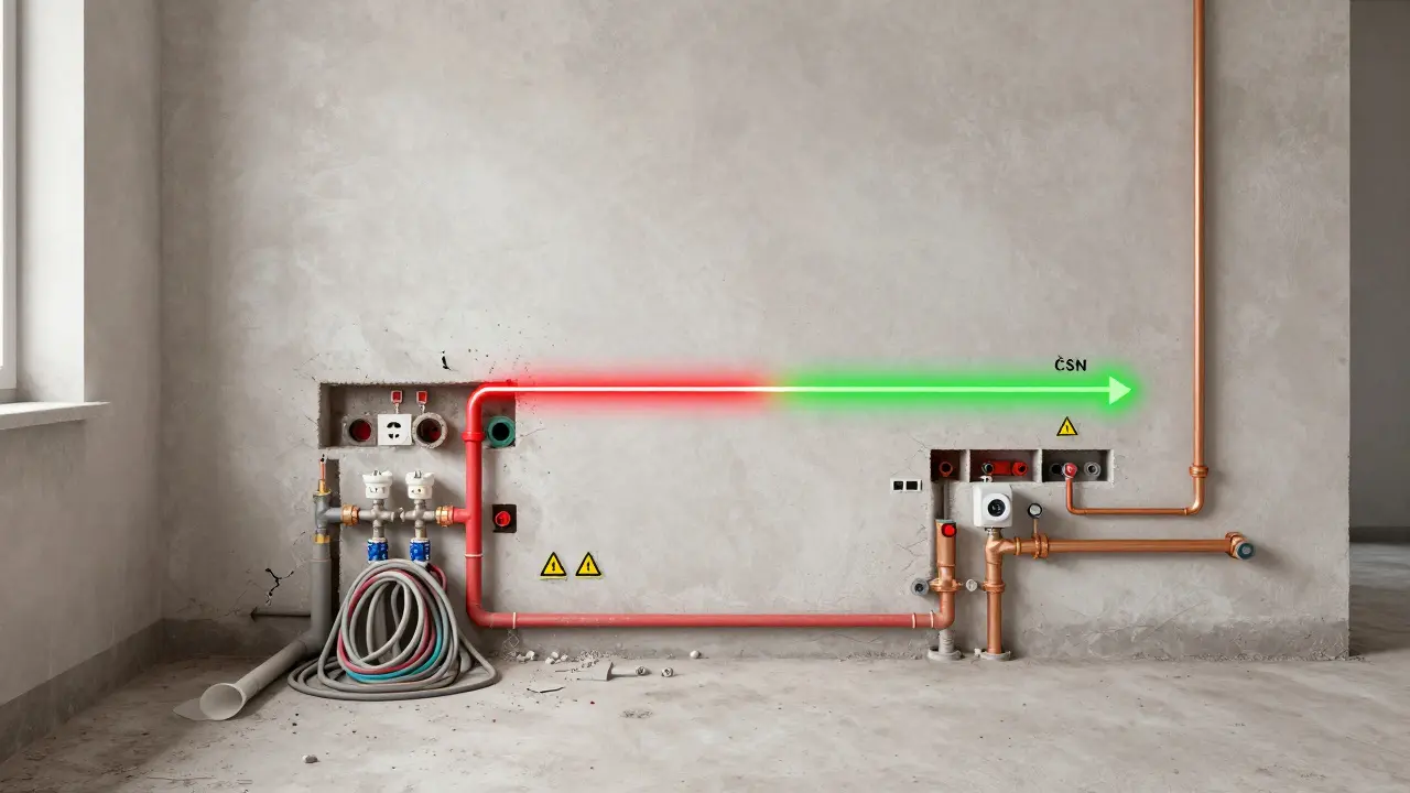 Dvě části bytu: levá strana s nelegálními potrubími, pravá s certifikovanou instalací podle ČSN.