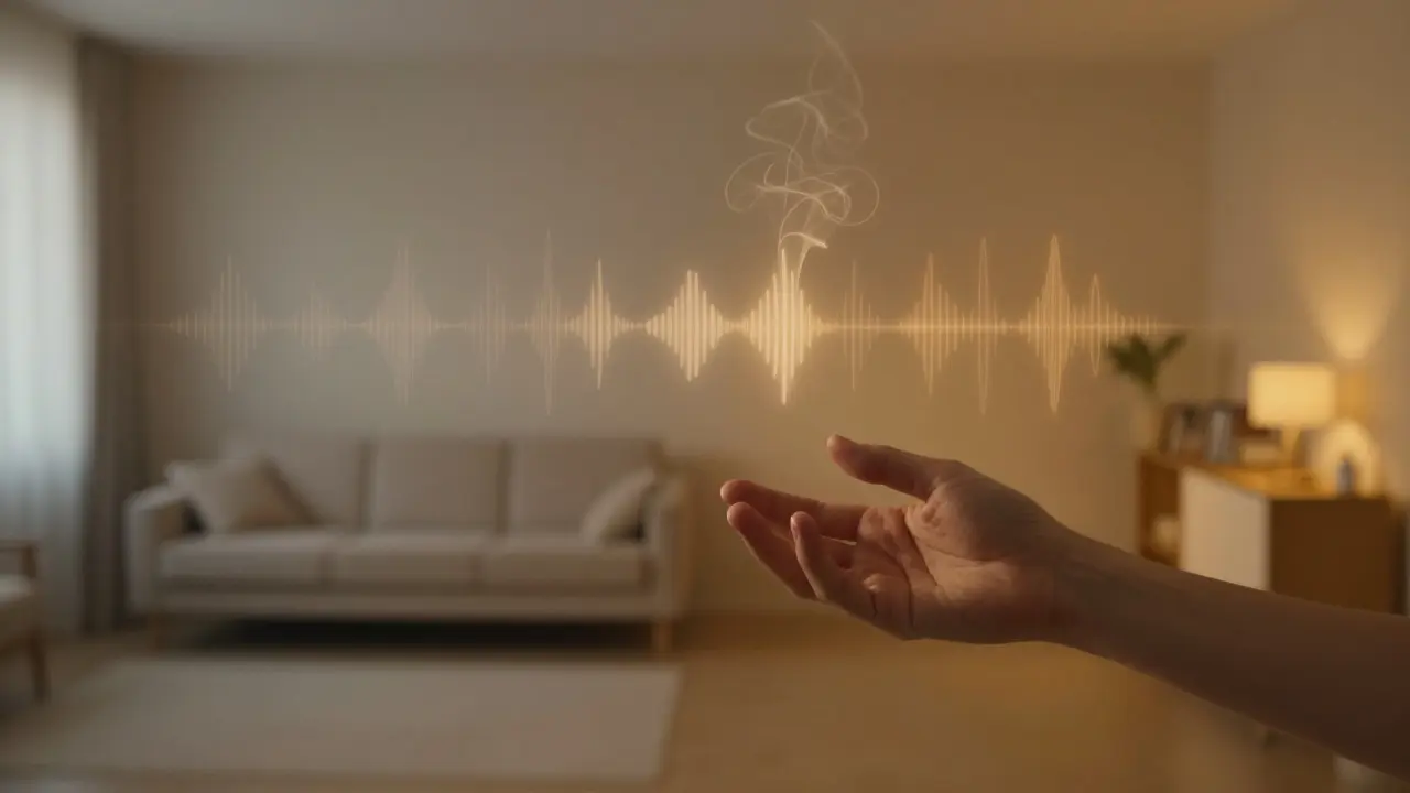 Dvě verze stejného domu: jedna beze vůně a zvuku, druhá s jemnými vůněmi a zvukovými vlnami, symbolizující emocionální připojení.