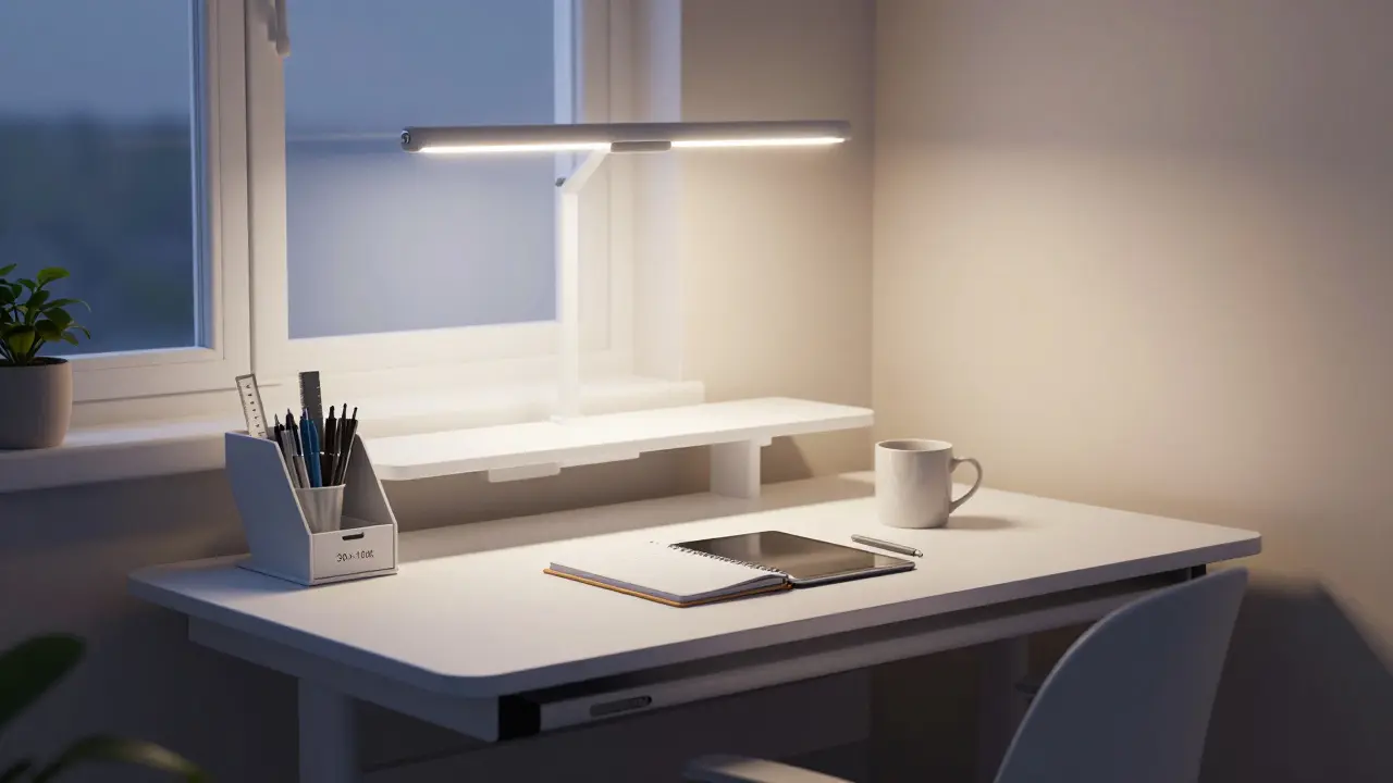 Evening study scene with warm LED lighting on a tidy desk featuring a pull-out organizer, notebook, and tablet.