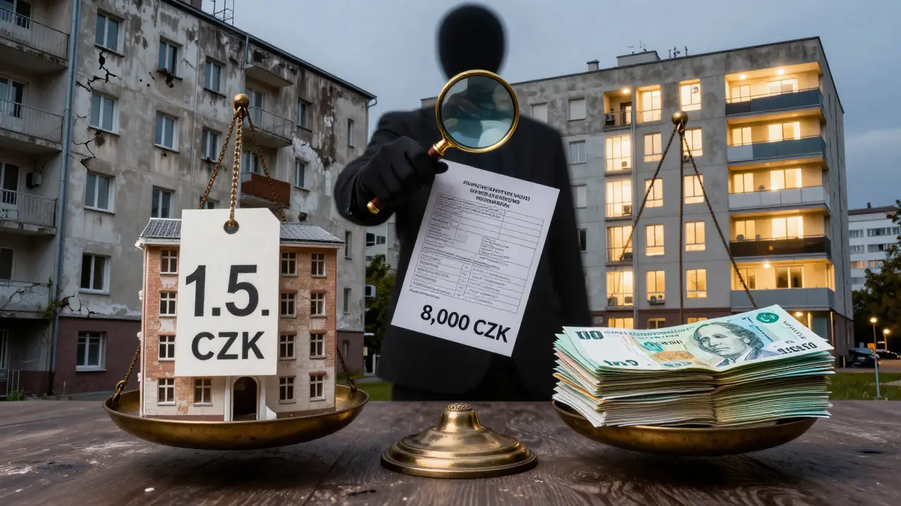 Finanční váha s náklady na panelový byt: nízká cena nákupu vs. vysoké měsíční poplatky.