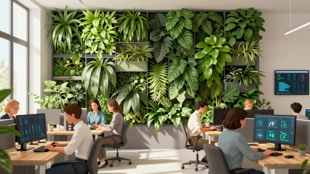 Kancelář v Praze s velkou zelenou stěnou, zaměstnanci pracující u stolů, světlo procházející listy a displej s daty o kvalitě vzduchu.