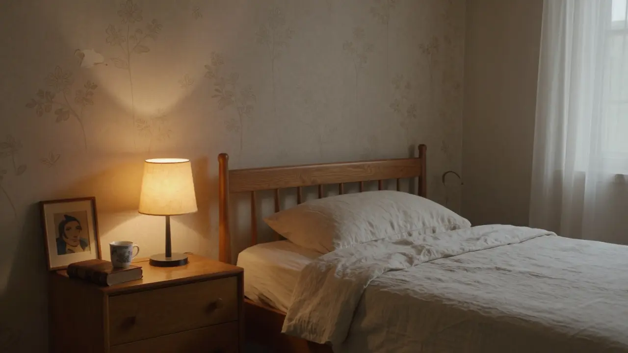 Klidná ložnice s dřevěnou postelí, textilní lampou a květinovou tapetou.