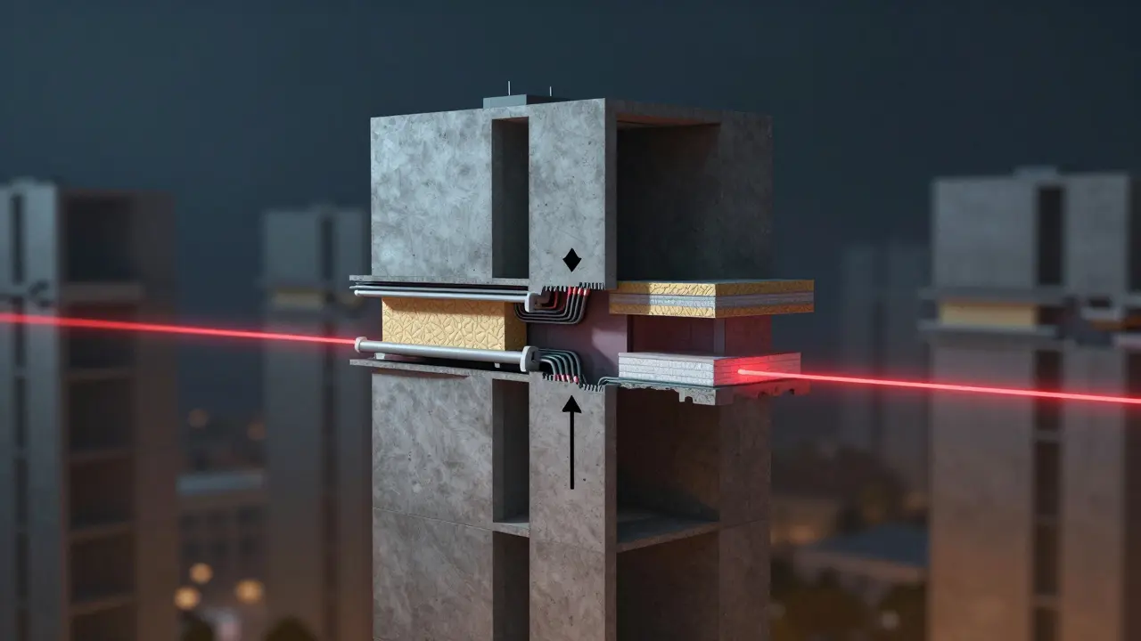 Křížový řez panelového domu s označením nosných a nenosných stěn, vodovodních a elektrických rozvodů.