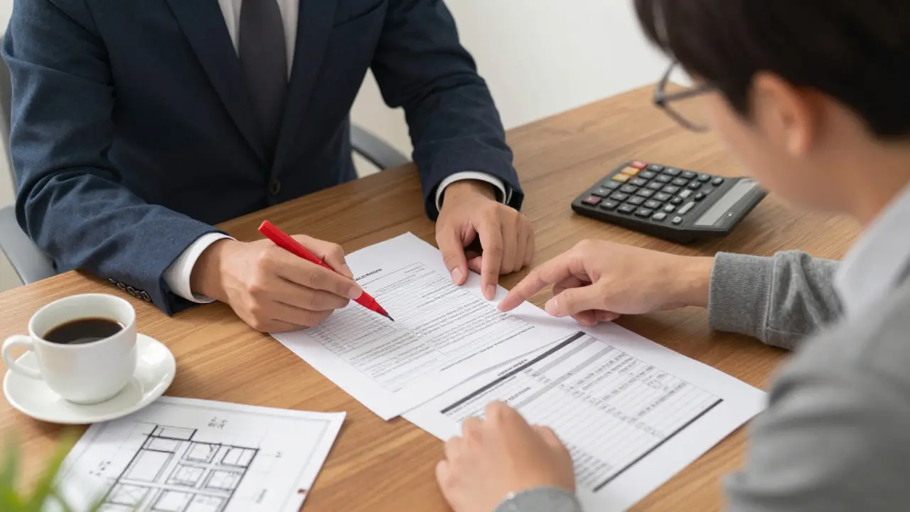 Kupující a prodávající jednají o slevě s dokumenty a odhady oprav.