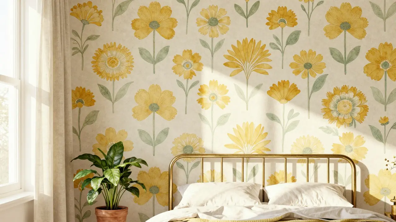 Ložnice s jemným květinovým vzorem na stěně za postelí, osvětlená slunečním světlem a neutrálními tóny.