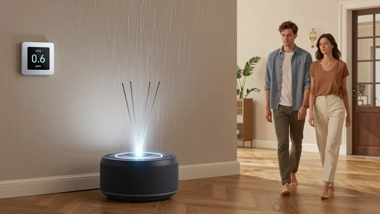 Luxusní villa v Praze s neviditelným difuzérem vůně a zvukovými přehrávači, senzor airIQ zobrazuje 0,6 ppm.