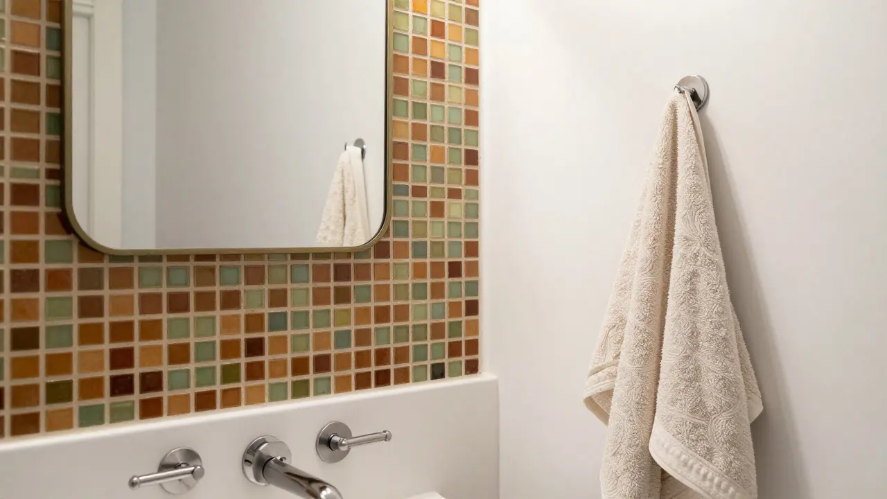 Malý akcent v koupelně s retro mozaikou za zrcadlem, jemně osvětlený a harmonicky vyvážený s čistým prostorem.