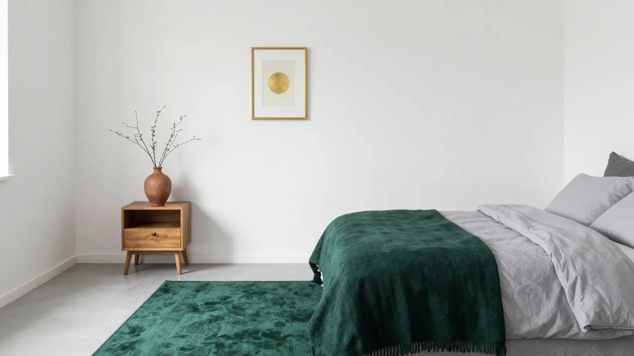 Minimální ložnice s zeleným koberečkem a zlatým rámečkem obrazu.