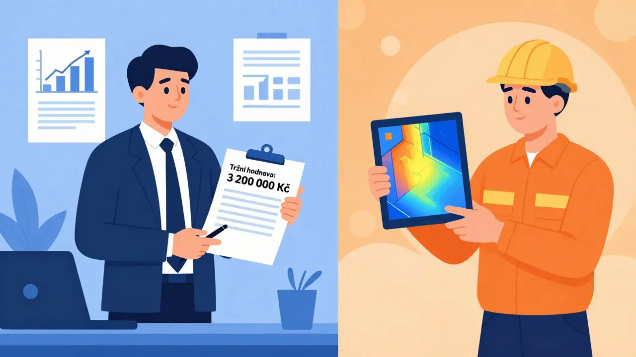 Porovnání znaleckého posudku a technické inspekce: finanční analytik a stavební odborník v různých scénářích.