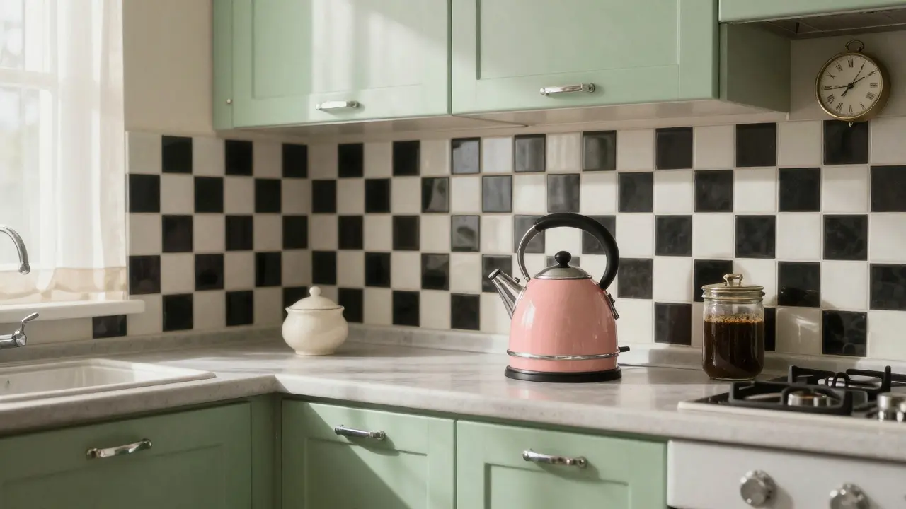 Retro kuchyň s zelenými skříněmi, šachovnicovými dlaždicemi a růžovou kávovarou.