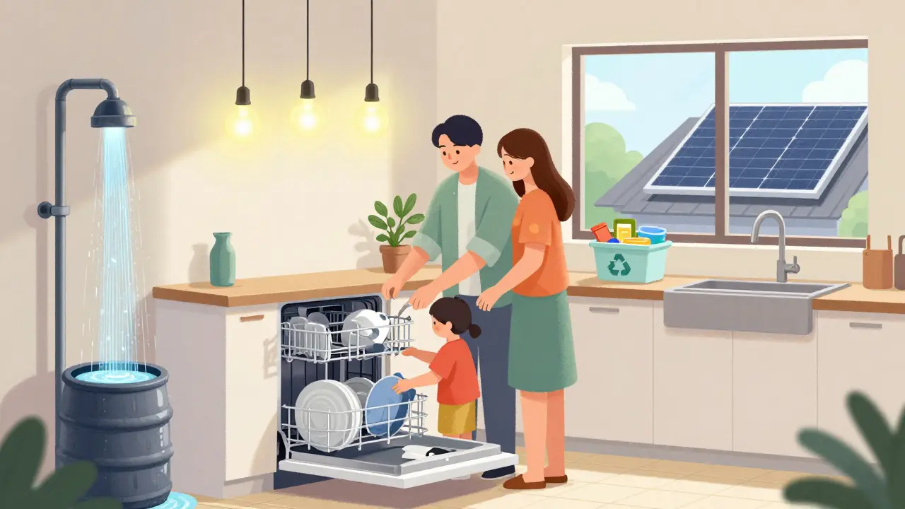 Rodina myje nádobí v plné myčce, zatímco venku sbírají dešťovou vodu a na střeše jsou solární panely.