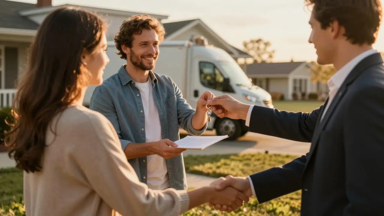 Rodina přijímá klíče po úspěšném vyjednávání slevy za nemovitost.