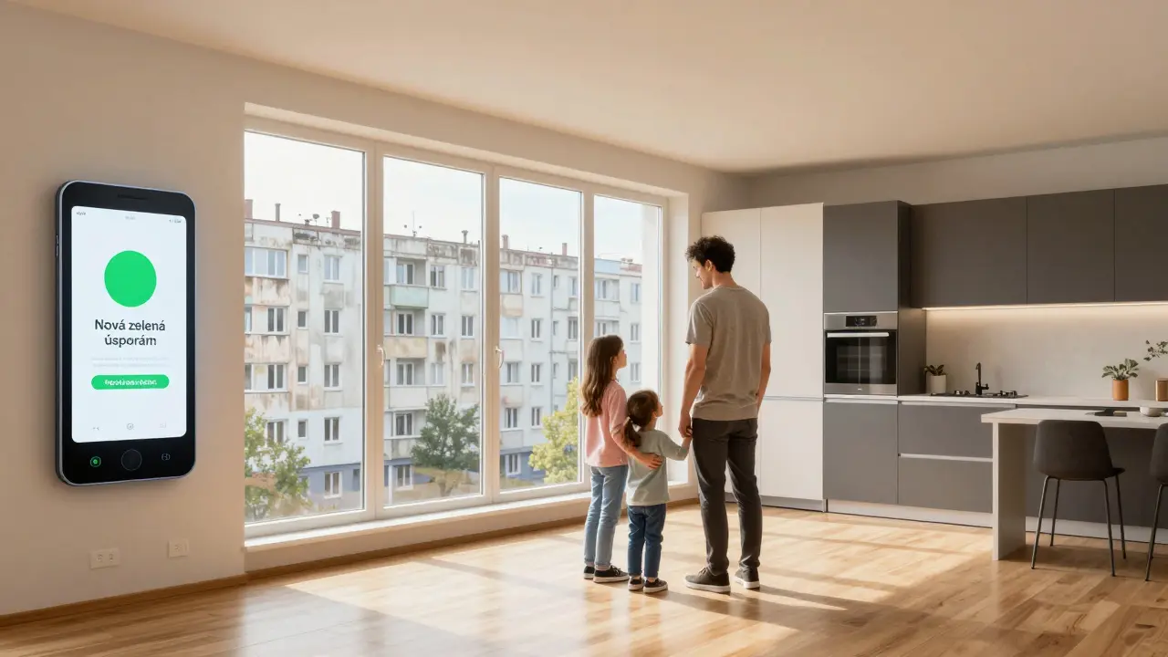 Rodina v nově rekonstruovaném panelovém bytě s velkými okny, podlahovým vytápěním a chytrým osvětlením.