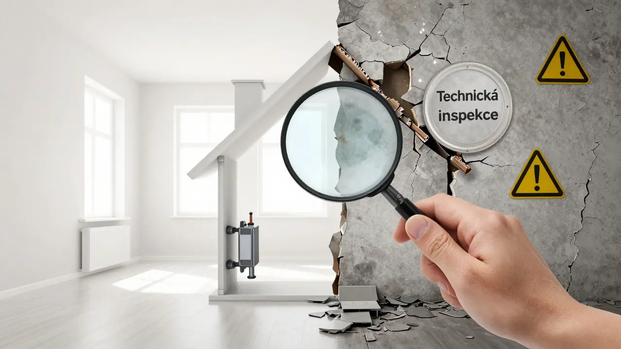 Rozdělený dům: jedna polovina v pořádku s inspekčním potvrzením, druhá zničená bez kontroly.