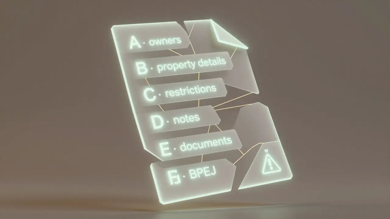 Rozpadlý právní dokument s částmi listu vlastnictví spojenými zlatými nitěmi, s varováním na plombě.