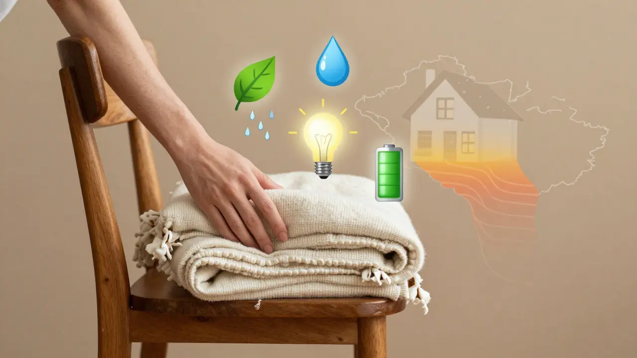 Ruky kladejí recyklovaný koberec na opravený nábytek, kolem nich symboly ušetřené energie a vody.