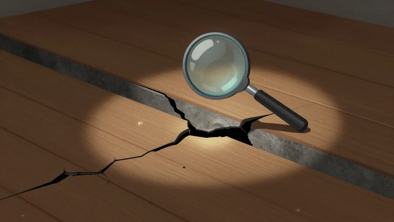 Skrytá prasklina v základech skrytá pod novou podlahou s magnifikací.