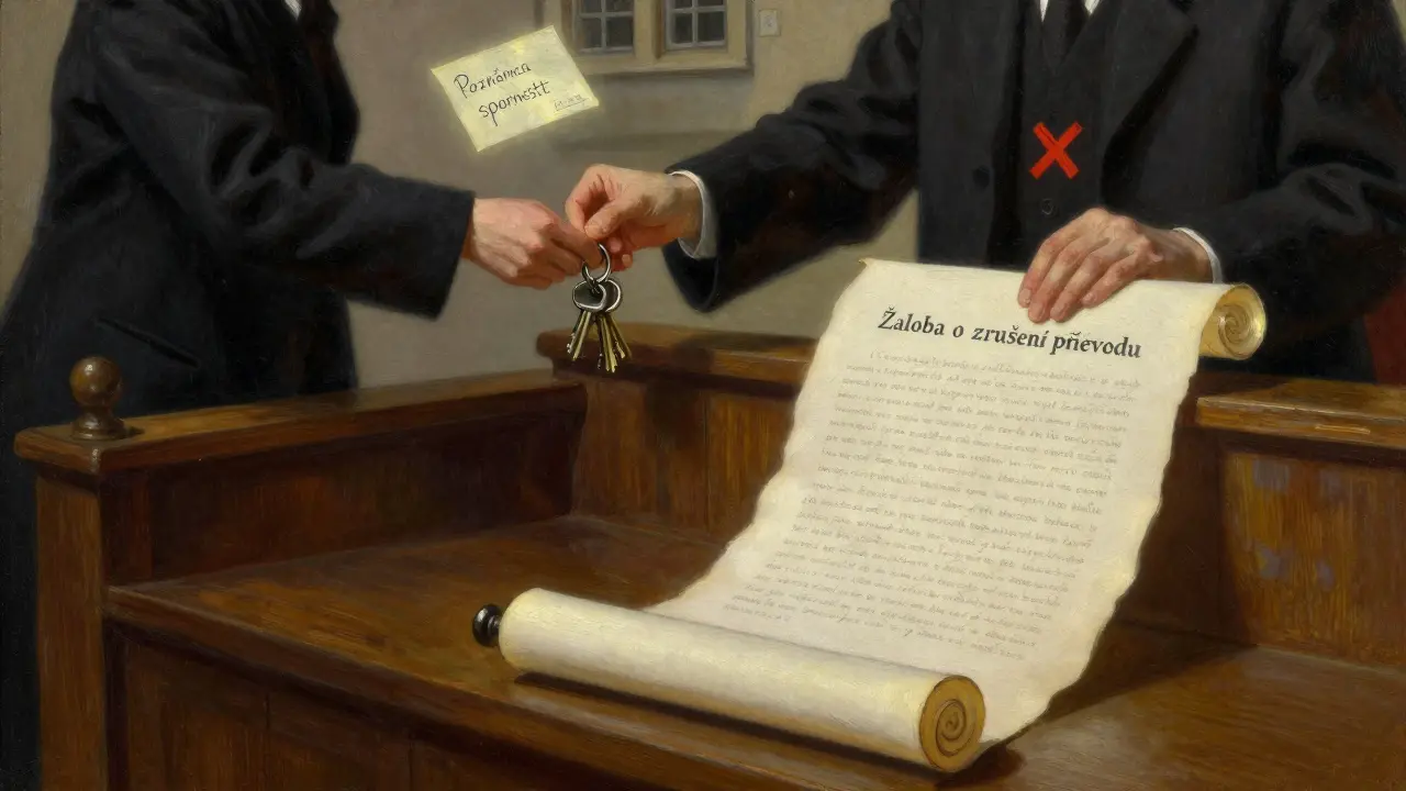 Soudce rozhoduje o sporném převodu nemovitosti, kde poznámka spornosti zastavuje neoprávněnou vlastnictví.
