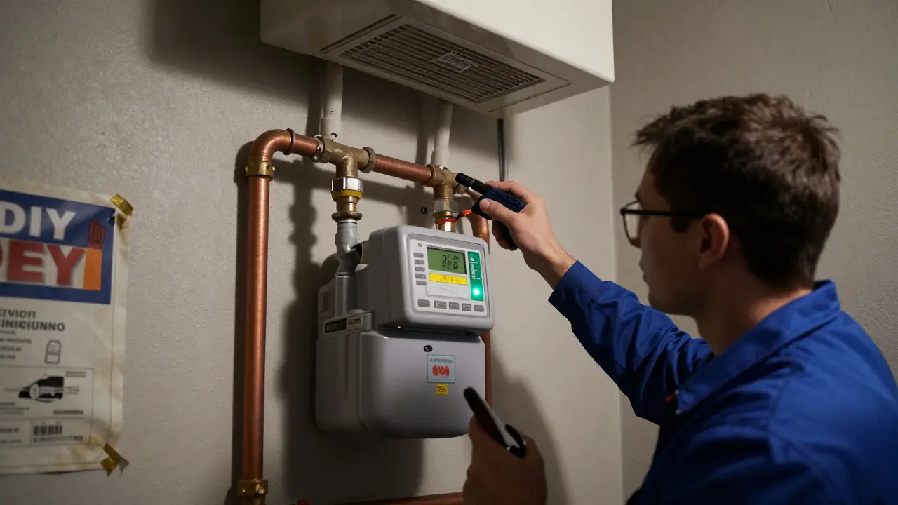 Technik používá detektor úniku plynu u plynoměru s elektronickým bezpečnostním systémem.