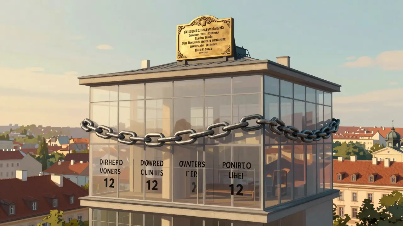 Transparentní budova s viditelnými vlastníky, zástavním právem a památkovou ochranou v českém městském prostředí.