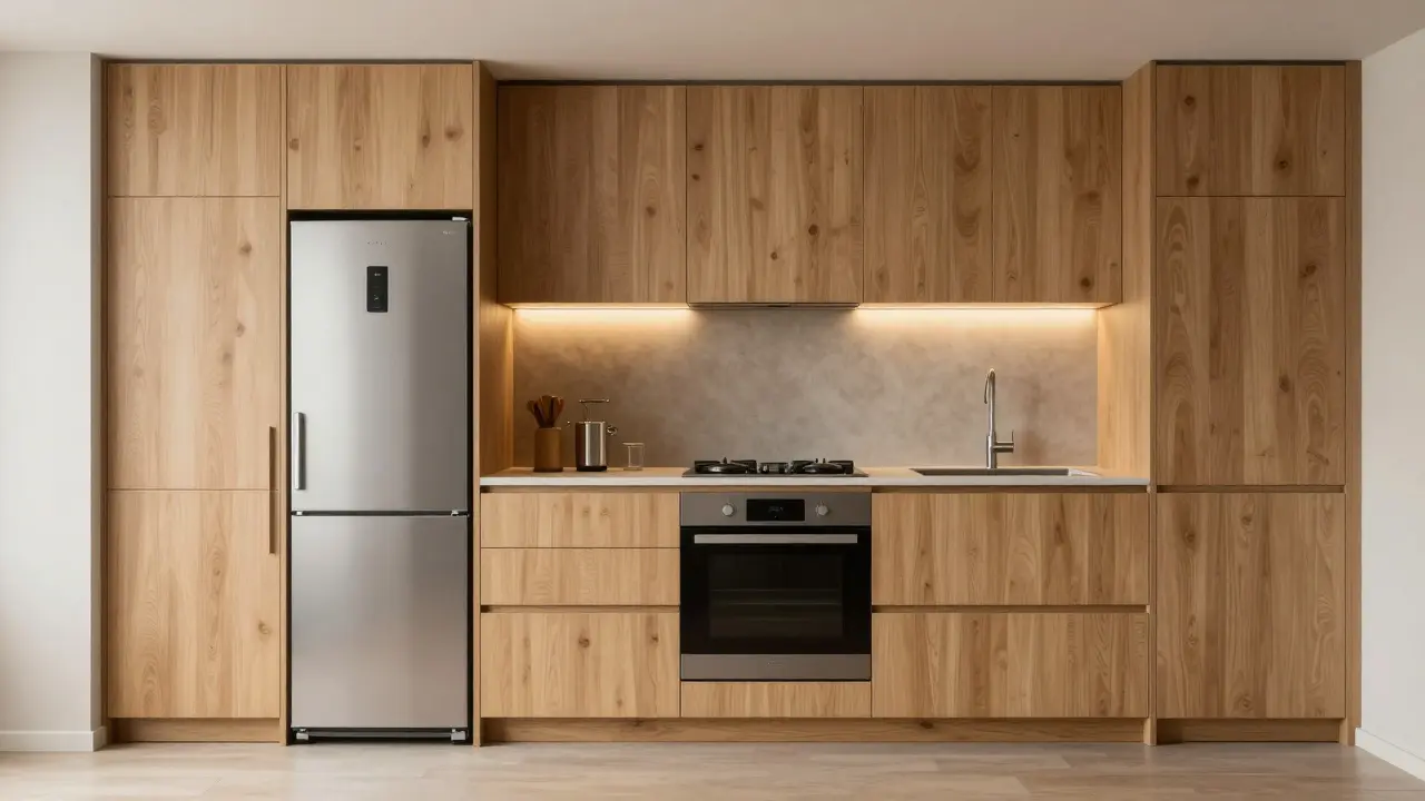 Úzká kuchyně s celkově integrovanými spotřebiči, kde všechny fronty odpovídají dřevěným skříním, vytvářejí dojem jednotné stěny.