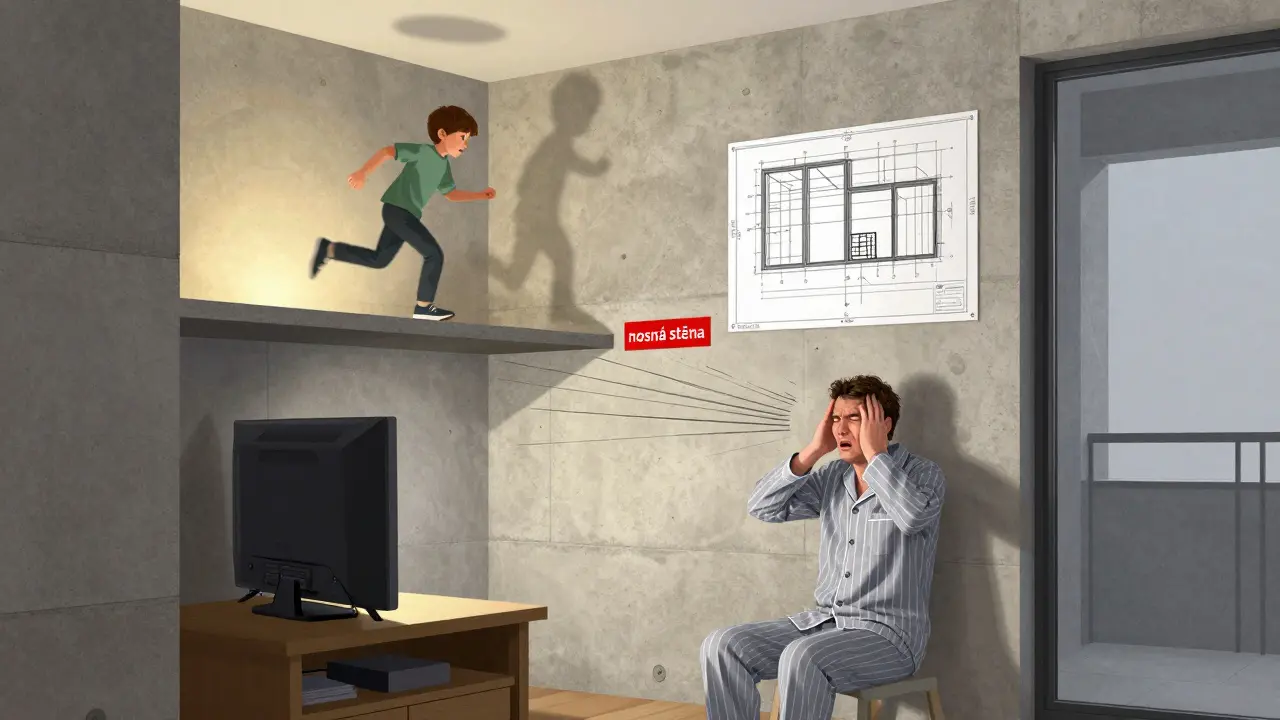Vnitřní pohled na panelový byt s přenosem hluku skrz tenké stěny a označením nosné stěny.