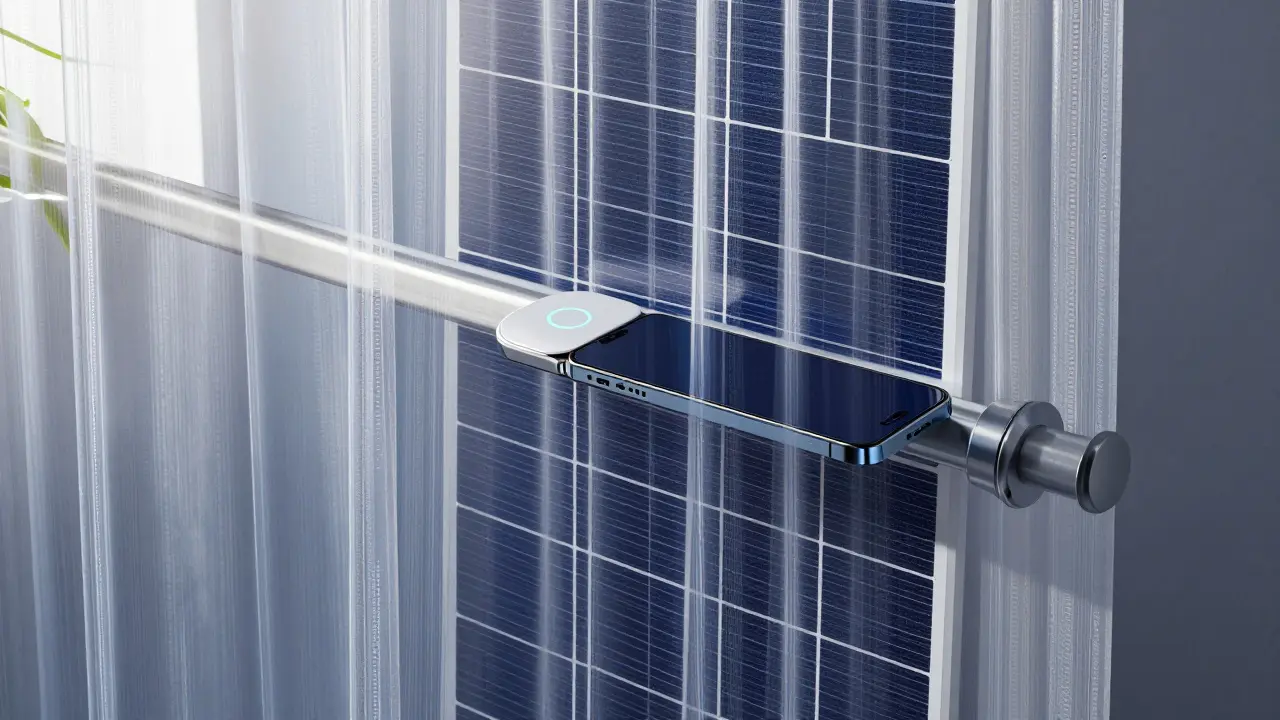 Závěsy s solárními články pro nabíjení zařízení.