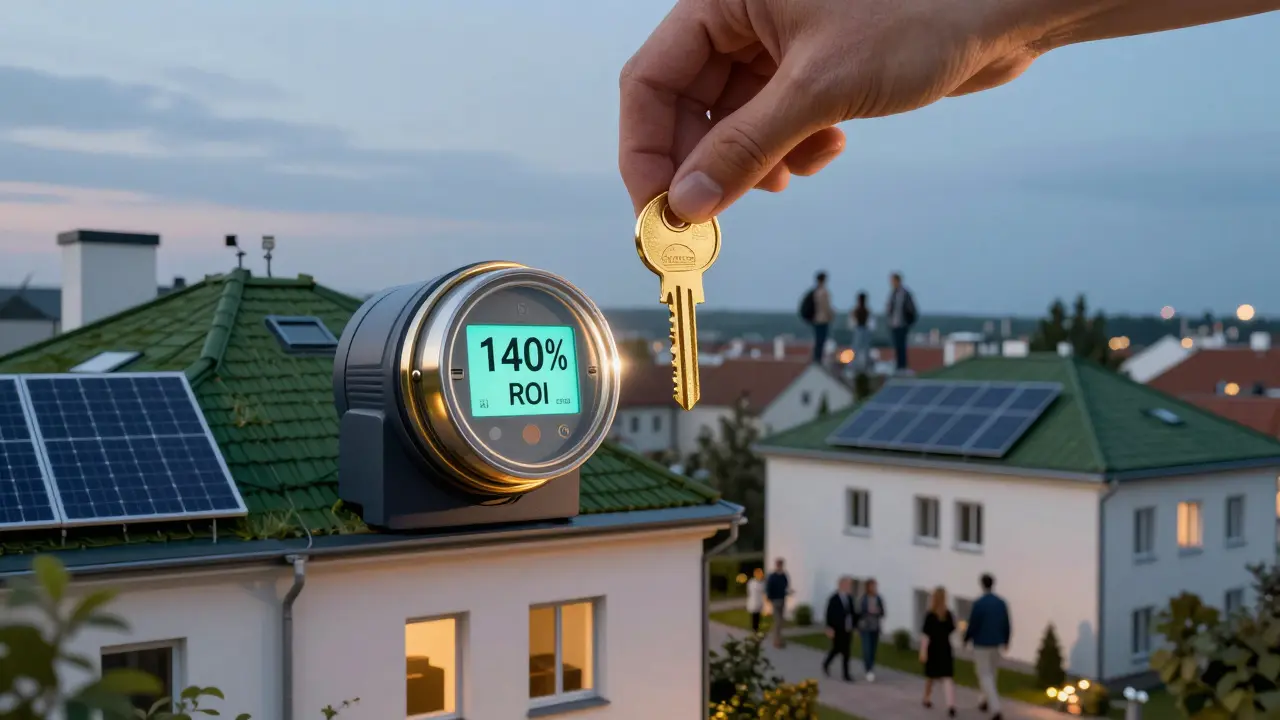 Zlatý klíč vkládaný do digitálního měřiče energie s ukazatelem 140 % návratnosti nad panelovým domem.