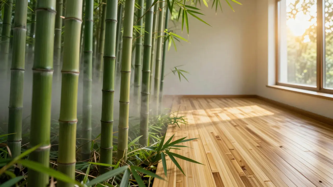 Abstraktní spojení zeleného lesa a moderní dřevěné podlahy.