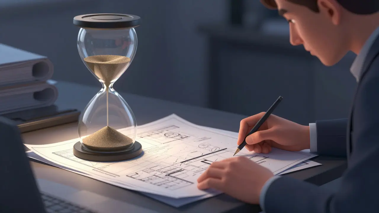 Architekt zkoumá dokumenty s hodiny v pozadí.