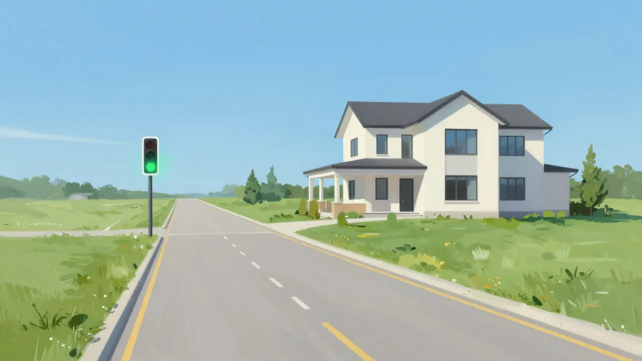 Cesta k dokončenému domu s zeleným světlem.