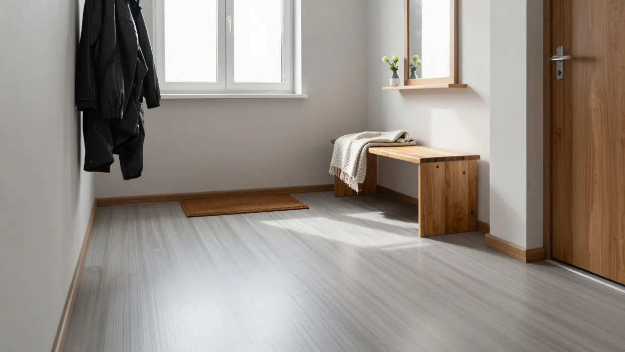 Čistá vstupní hala s věšákem, lavičkou a květinou, osvětlená přirozeným světlem.