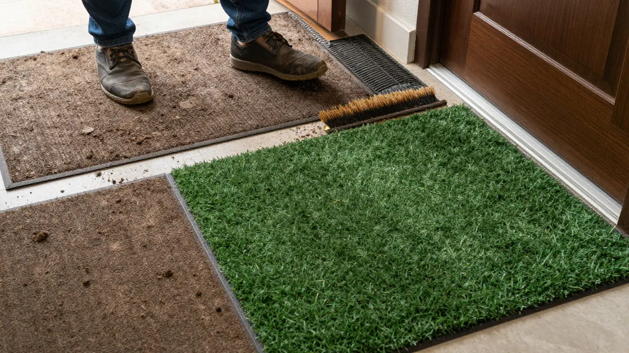 Člověk kročí přes tři zóny čistícího systému, které postupně odstraňují nečistoty z obuvi.