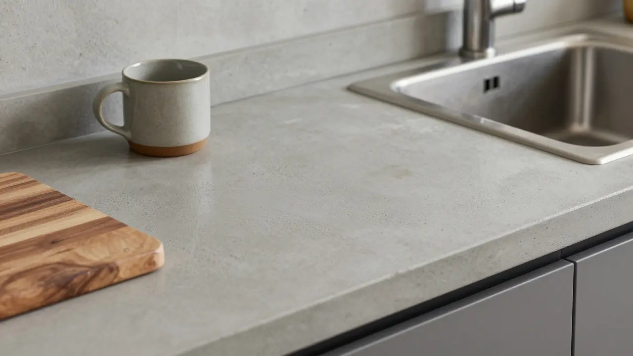 Concrete kitchen countertop with coffee mug and water droplet, reflecting light.