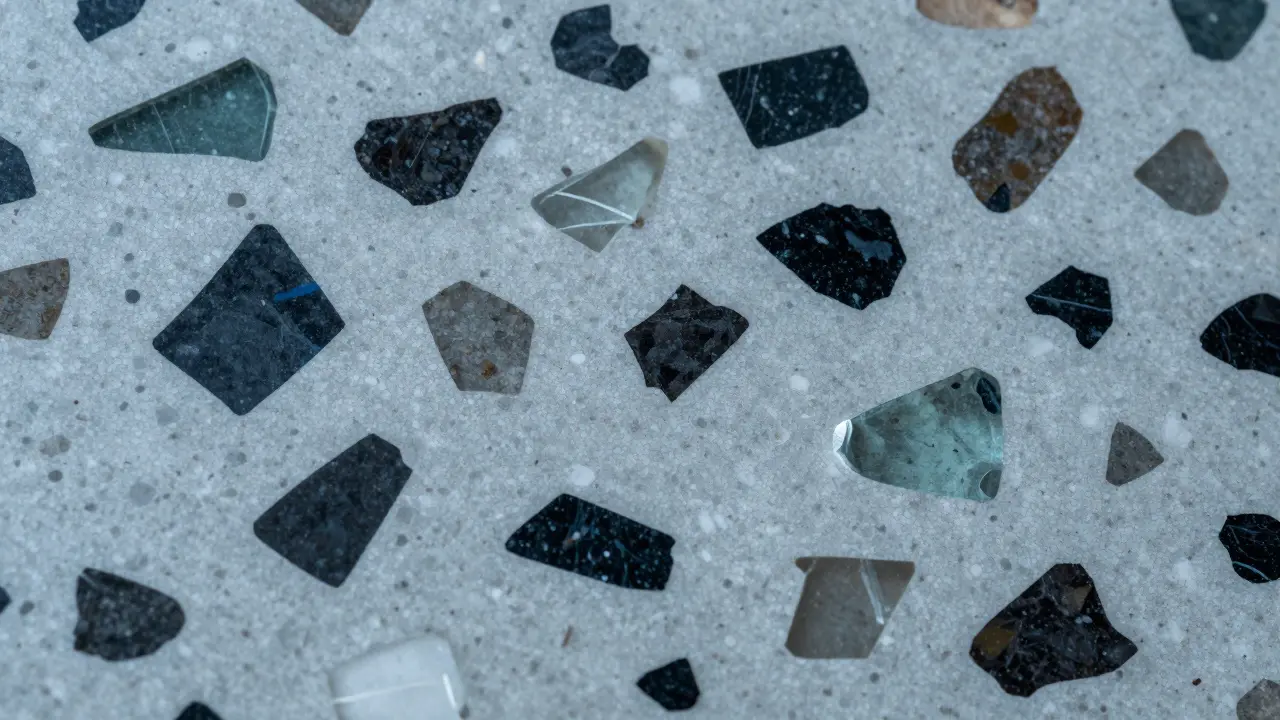 Detail materiálu ukazující kousky kamene v pojivu.