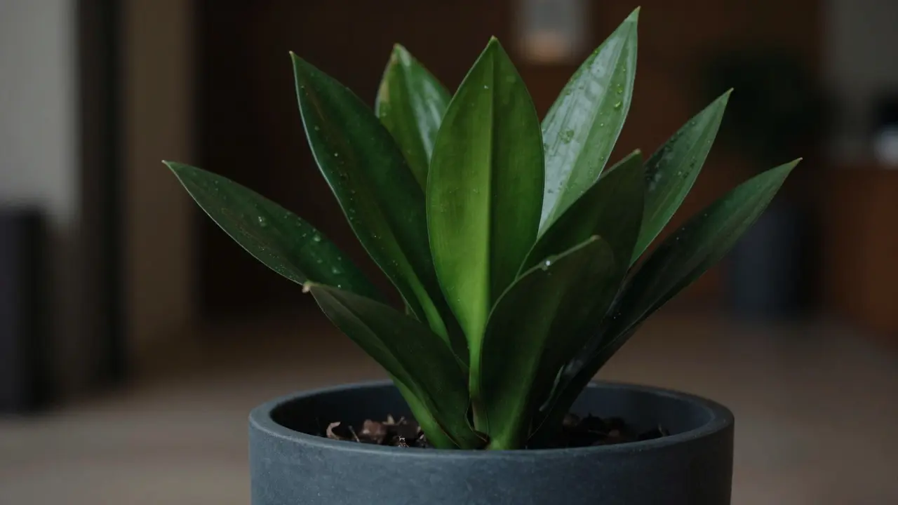 Detail tmavé rostliny Zamioculcas s lesklými listy v temném květináči.