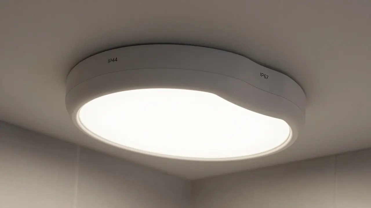 Detail vodotěsného LED svítidla pro bezpečnost v mokrých zónách.