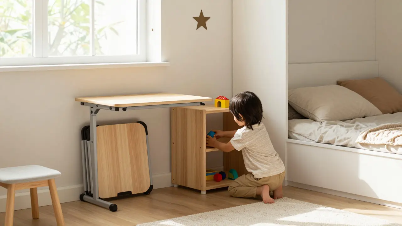 Dítě ukládá hračky do otevřeného regálu v malém bytě, kolem něj mírné osvětlení a přírodní dřevo.