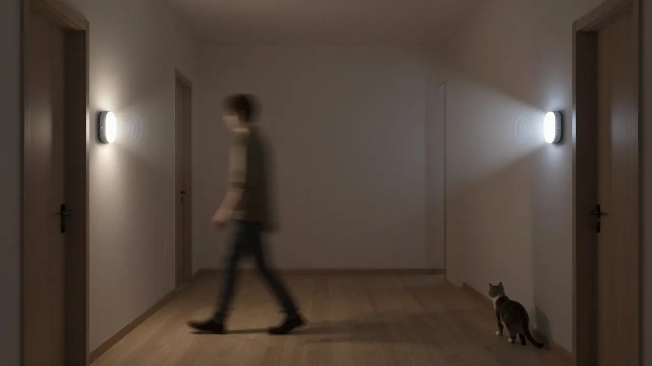 Dva senzorové světelné body na koncích dlouhé chodby, jedno zapnuté, druhé se připravuje.